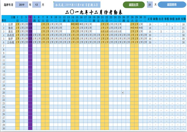 考勤表（自动统计）