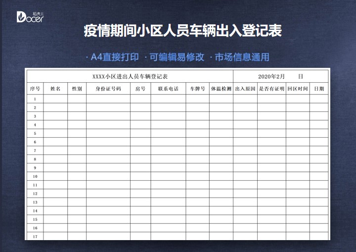 疫情期间小区人员车辆出入登记表