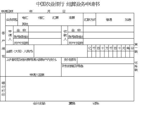 中国农业银行结算业务申请书