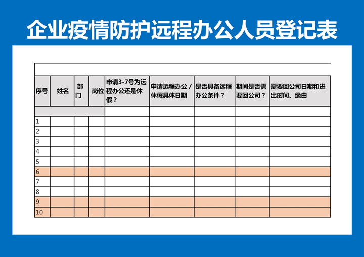 企业疫情防护远程办公人员登记表