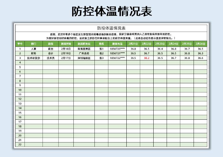 防控体温情况表