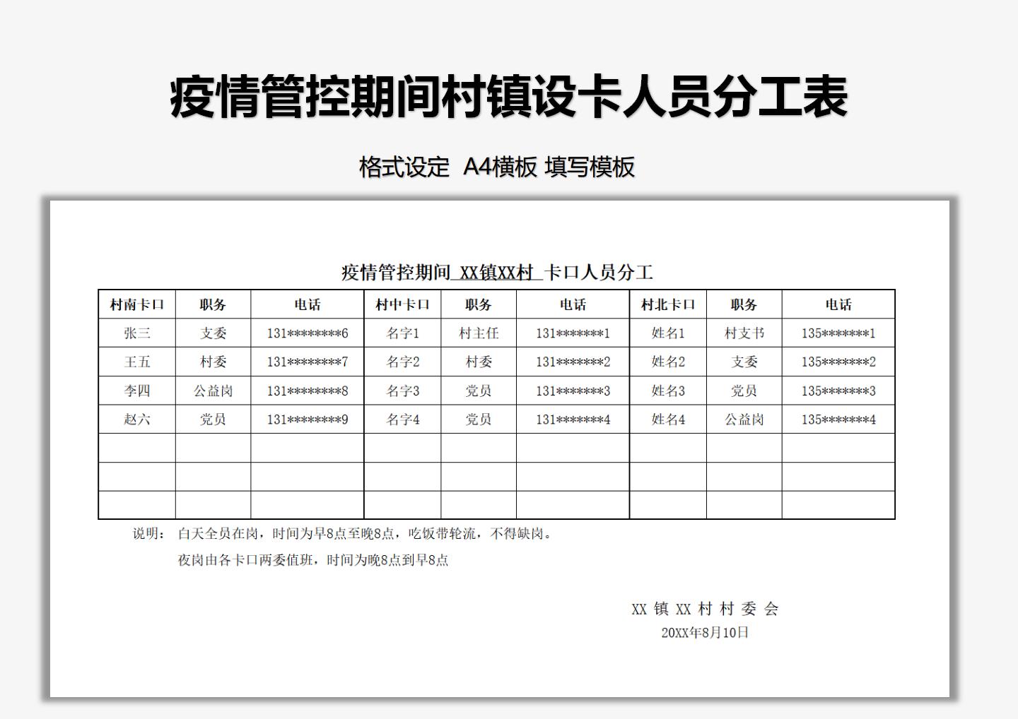 疫情管控村镇设卡人员分工表