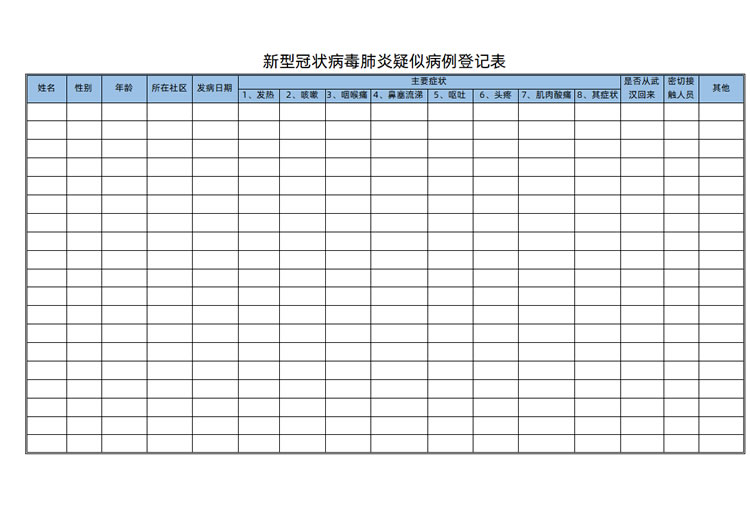 新型冠状病毒肺炎疑似病例登记表