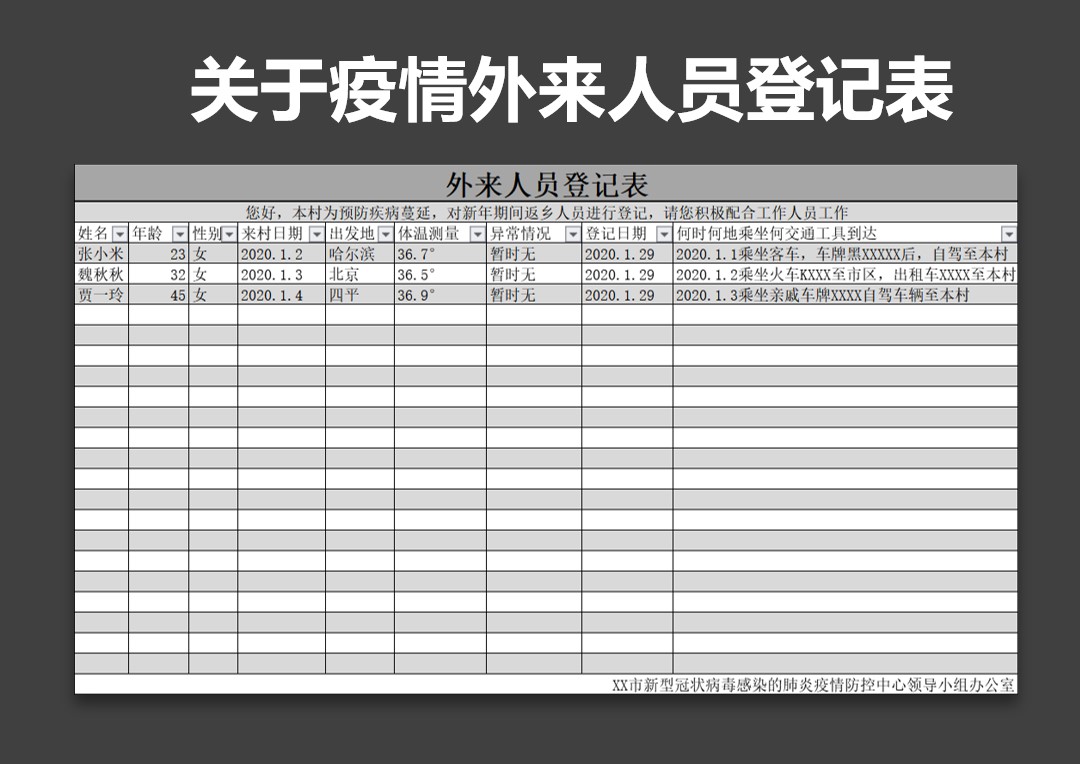 新型冠状病毒外来人员登记表