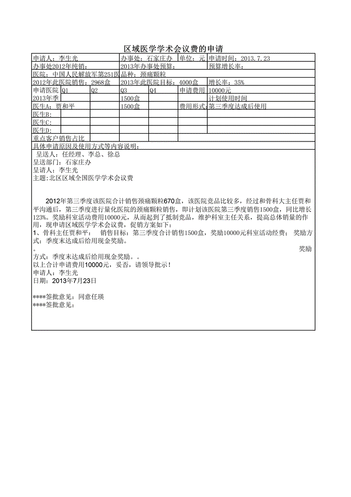 区域医学学术会议费申请表