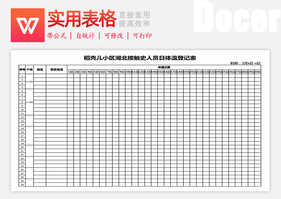 接触史人员体温登记表