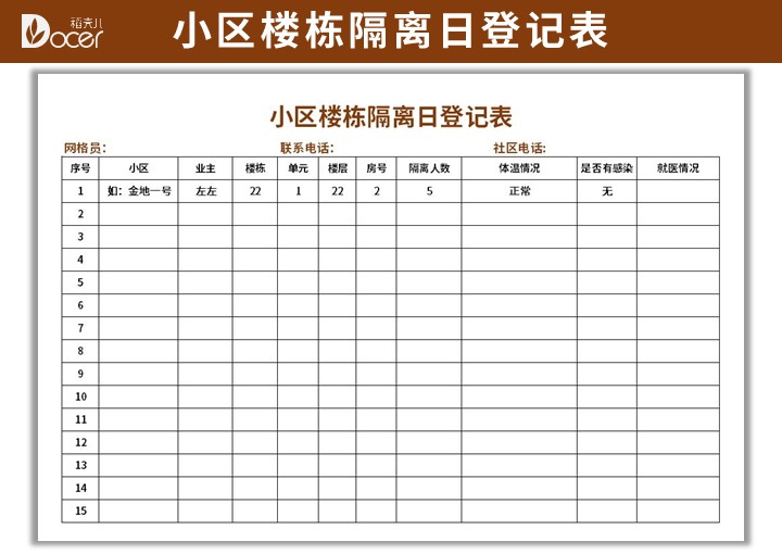 小区楼栋隔离日登记表