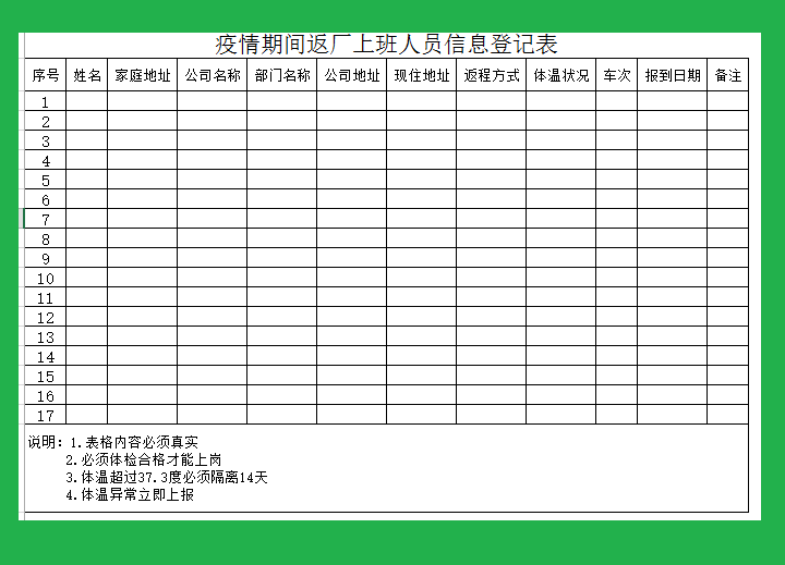 疫情期间返厂上班人员信息登记表