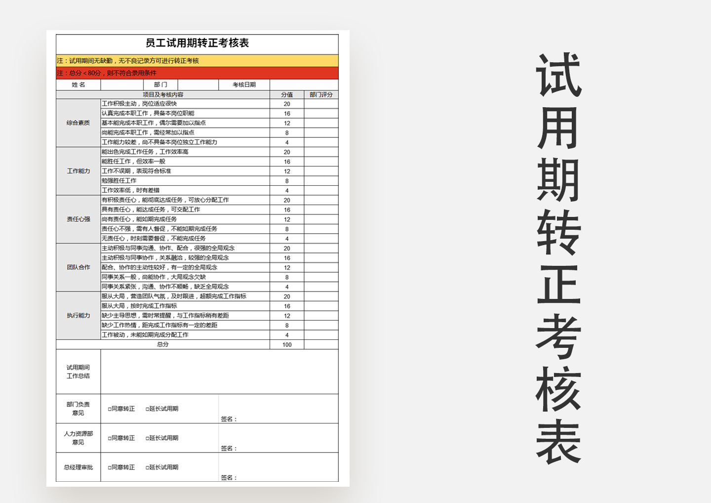 试用期转正考核表