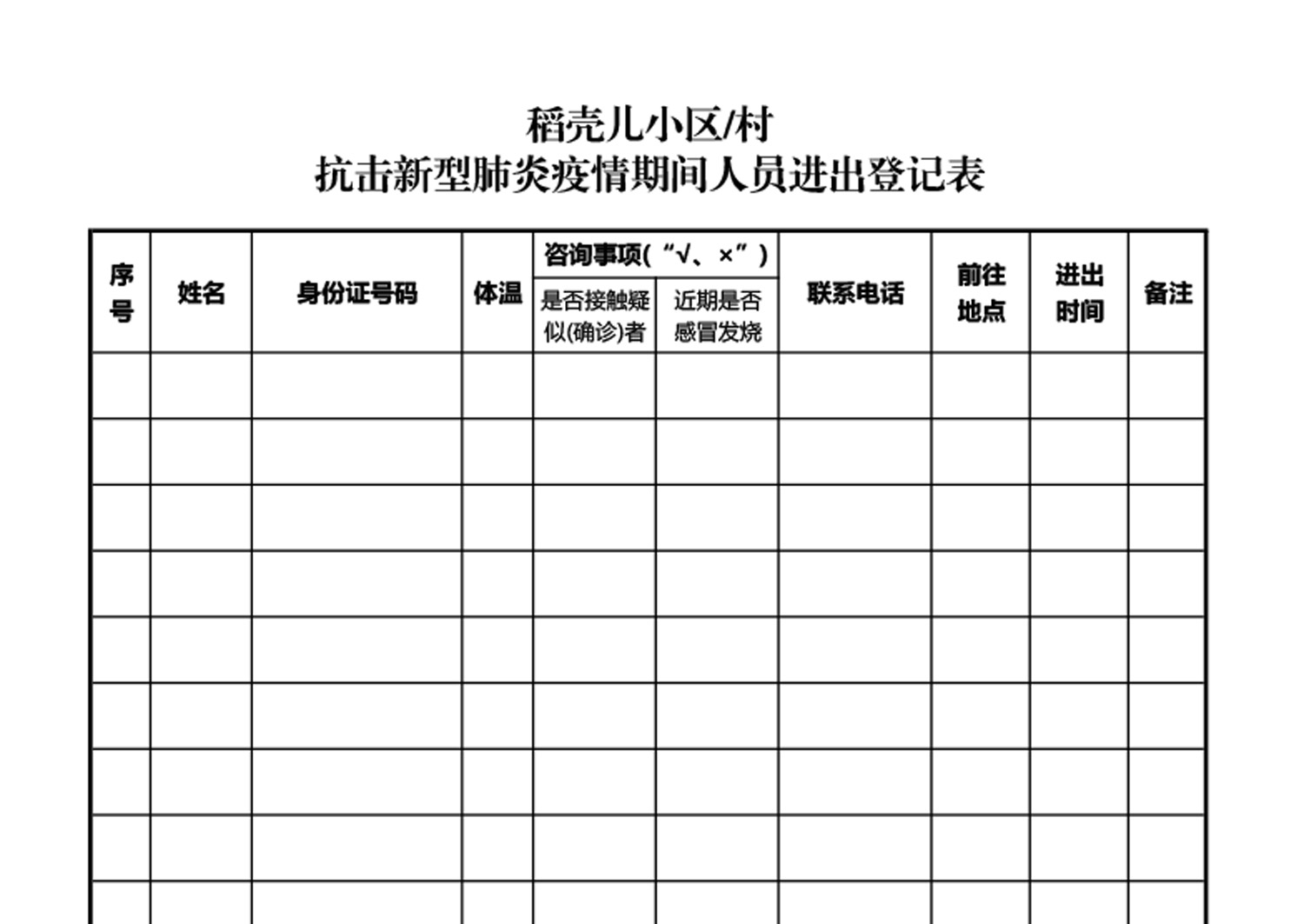 抗击新型肺炎期间人员进出登记表