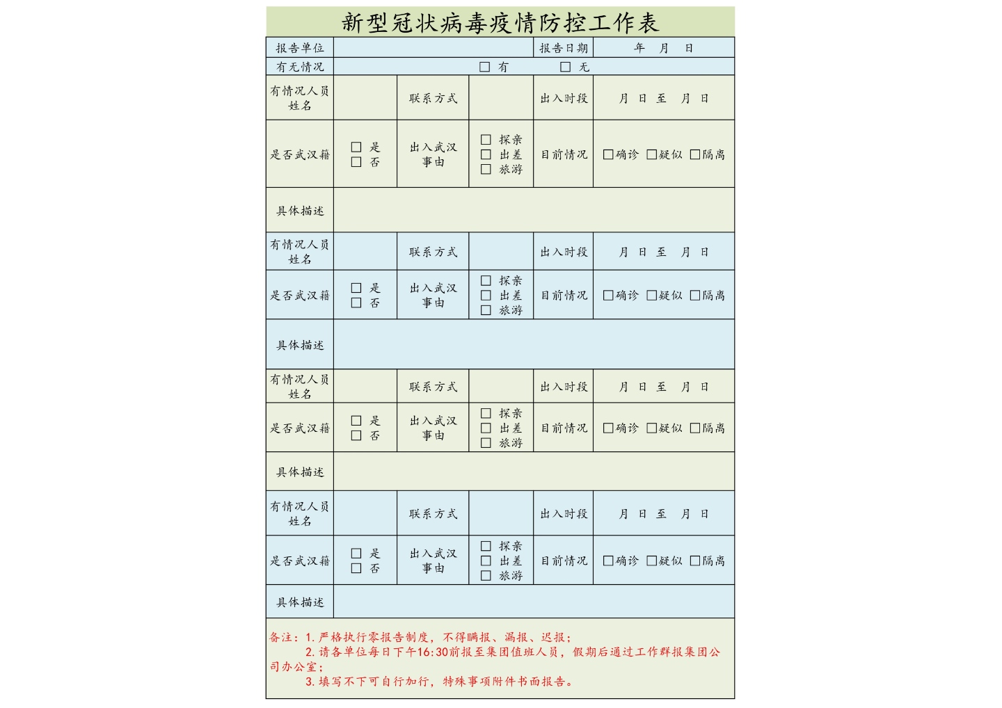 新型冠状病毒疫情防控工作表