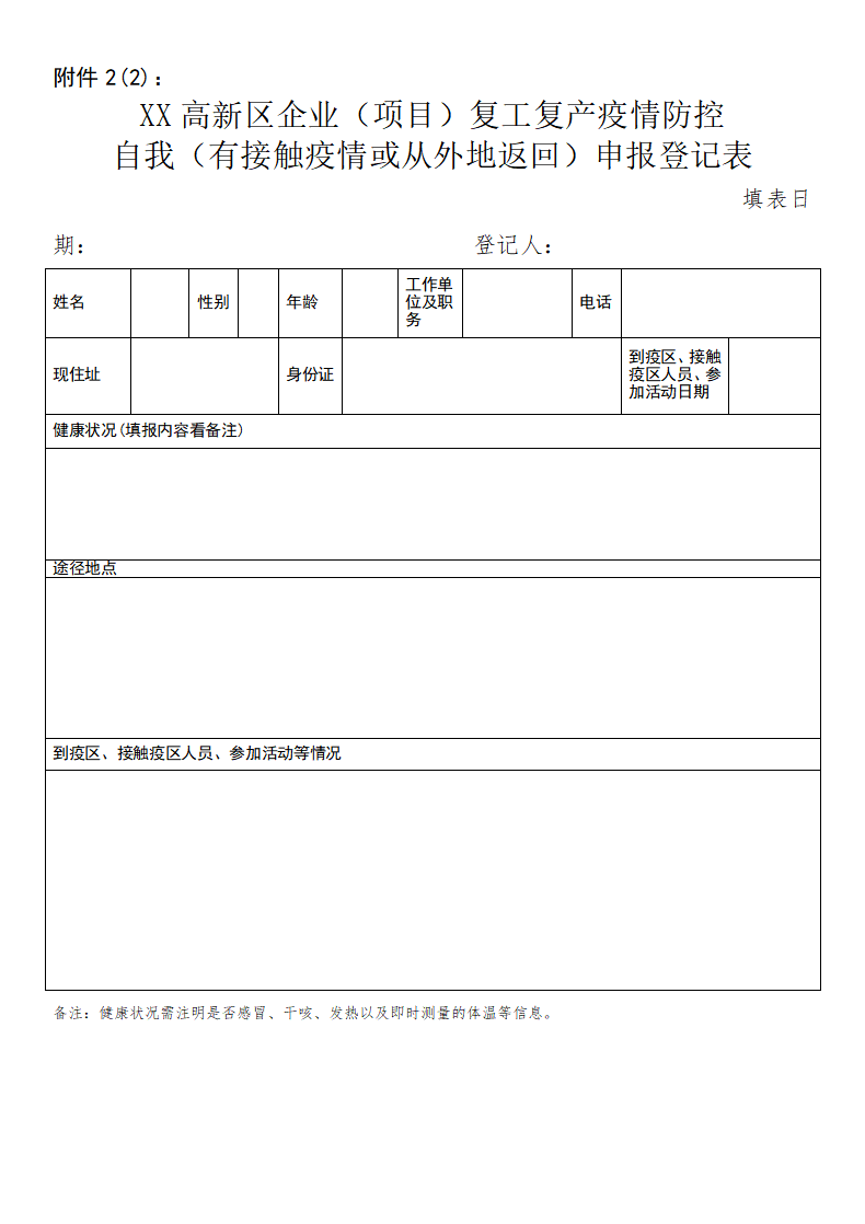 疫情期间个体户及企业复工申请表