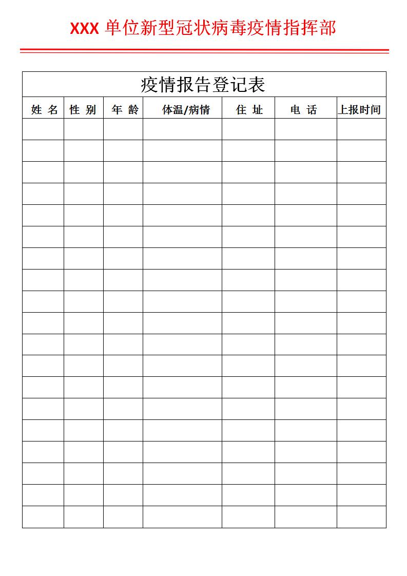 疫情报告登记表模板