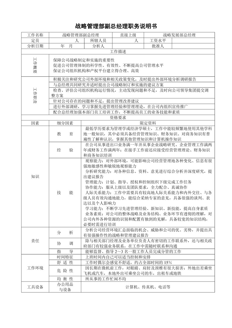 企业之战略管理副总经理职位说明