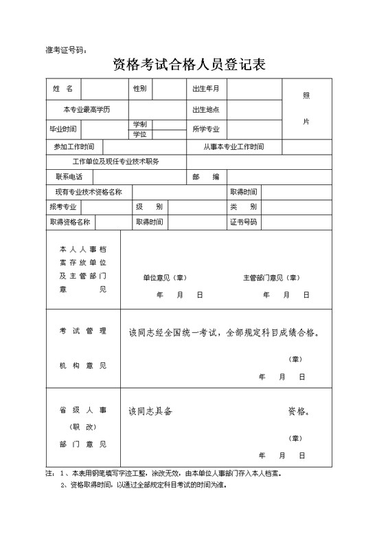 资格考试合格人员登记表